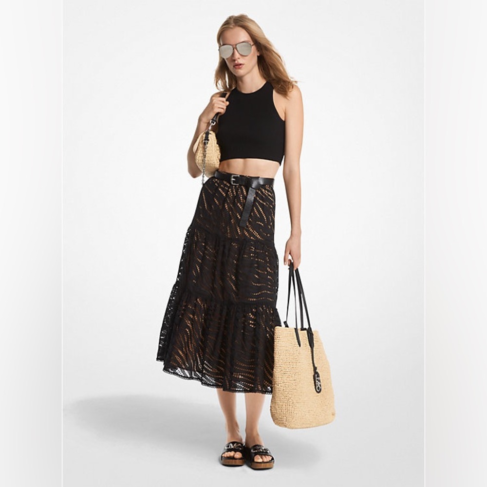 Michael Kors Black Tiered A-Line Midi Skirt